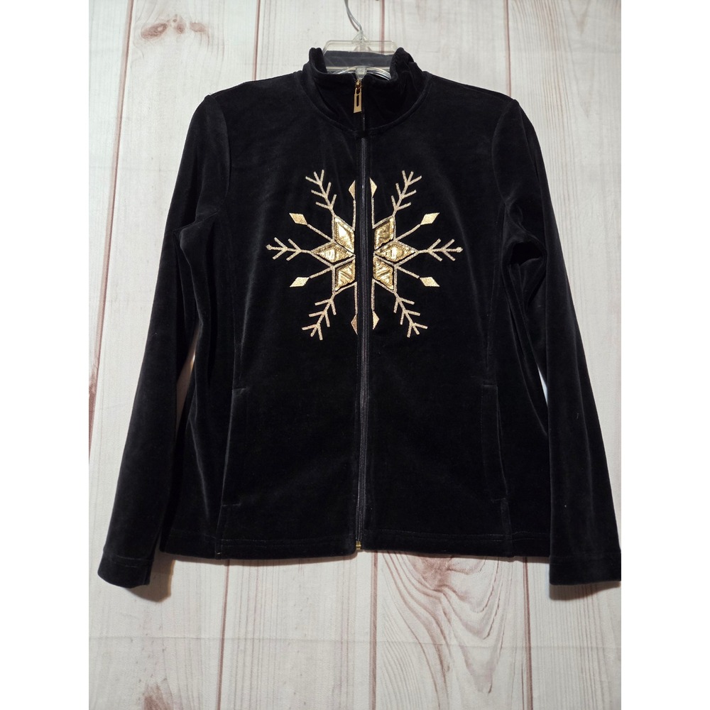 Onque Petite Black Velour Snowflake‎ Zip Up Jacket Gold Embroidery Mock Neck PS